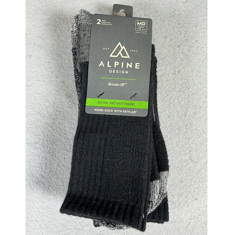 Alpine Design Kevlar Work Socks 2 Pair Crew Medium Weight Men's MD Blk Gray NWT